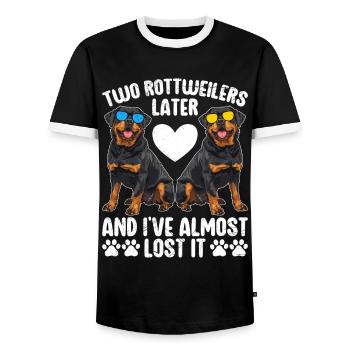 Rottie Owner TWO ROTTWEILERS LATER I LOST IT - Men's Ringer Shirt - black/white - Front - AI Model Female 172 light (172cm) & AI Model Male 178 light (178cm)