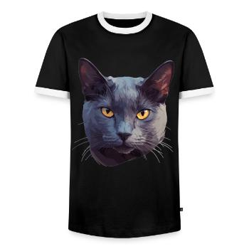 Chat bleu russe Russisch Blau Katze - T-shirt contrasté Homme - noir/blanc - Devant - AI Model Female 172 light (172cm) & AI Model Male 178 light (178cm)