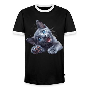 Chat bleu russe Russisch Blau Katze - T-shirt contrasté Homme - noir/blanc - Devant - AI Model Female 172 light (172cm) & AI Model Male 178 light (178cm)