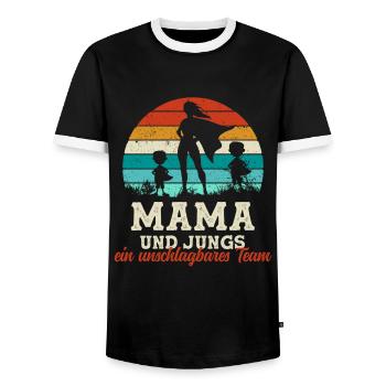 Team Super Mom Two Sons Boys Mother's Day Kids - Men's Ringer Shirt - black/white - Front - AI Model Female 172 light (172cm) & AI Model Male 178 light (178cm)