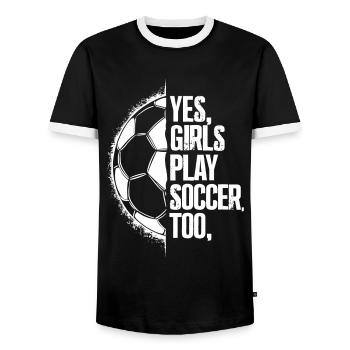 Mädchen spielen auch Fußball - Männer Kontrast-T-Shirt - Schwarz/Weiß - Vorne - AI Model Female 172 light (172cm) & AI Model Male 178 light (178cm)