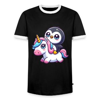 Un pingouin sur une licorne - T-shirt contrasté Homme - noir/blanc - Devant - AI Model Female 172 light (172cm) & AI Model Male 178 light (178cm)