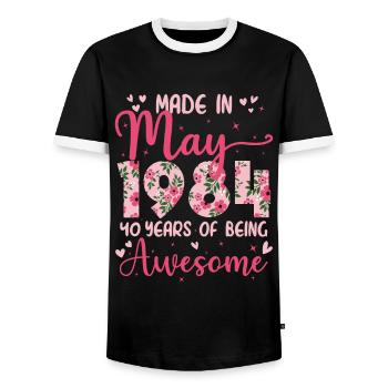 May 1984 40th Anniversary Gift for Wife - Men's Ringer Shirt - black/white - Front - AI Model Female 172 light (172cm) & AI Model Male 178 light (178cm)