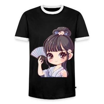 Anime Mädchen mit Fächer - Männer Kontrast-T-Shirt - Schwarz/Weiß - Vorne - AI Model Female 172 light (172cm) & AI Model Male 178 light (178cm)