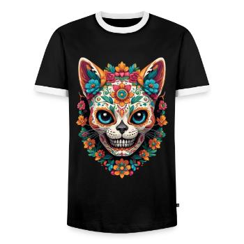 Sugar Skull Cat Mexico Streetwear Design - Men's Ringer Shirt - black/white - Front - AI Model Female 172 light (172cm) & AI Model Male 178 light (178cm)