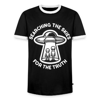 SciFi and Extraterrestrial Aliens and UFO Fan - Men's Ringer Shirt - black/white - Front - AI Model Female 172 light (172cm) & AI Model Male 178 light (178cm)