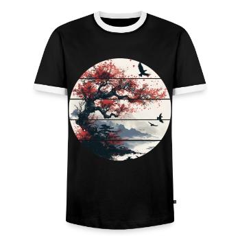 Japan Landscape Red Moon Birds Aesthetic Bonsai - Men's Ringer Shirt - black/white - Front - AI Model Female 172 light (172cm) & AI Model Male 178 light (178cm)