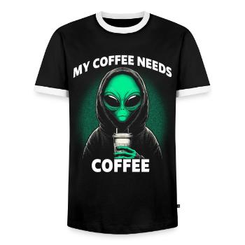 My Coffee Needs Coffee - Men's Ringer Shirt - black/white - Front - AI Model Female 172 light (172cm) & AI Model Male 178 light (178cm)