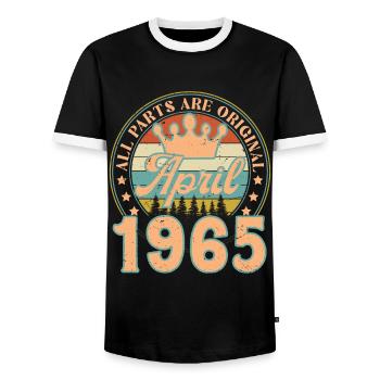 April 1965. April 1965 April Birthday Gift - Men's Ringer Shirt - black/white - Front - AI Model Female 172 light (172cm) & AI Model Male 178 light (178cm)