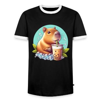 Capybara Enjoys Bubble Tea - Men's Ringer Shirt - black/white - Front - AI Model Female 172 light (172cm) & AI Model Male 178 light (178cm)