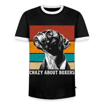 German Boxer CRAZY ABOUT BOXER Funny - Men's Ringer Shirt - black/white - Front - AI Model Female 172 light (172cm) & AI Model Male 178 light (178cm)