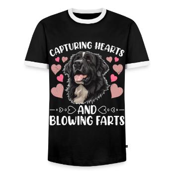 Neufundländer HERZEN GEWINNEN FÜRZE SCHMETTERN - Männer Kontrast-T-Shirt - Schwarz/Weiß - Vorne - AI Model Female 172 light (172cm) & AI Model Male 178 light (178cm)