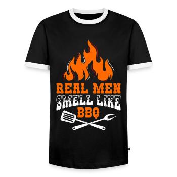 Grillfreunde REAL MEN SMELL LIKE BBQ Männer - Men's Ringer Shirt - black/white - Front - AI Model Female 172 light (172cm) & AI Model Male 178 light (178cm)