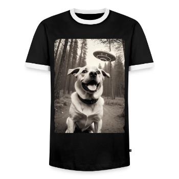 Hunde Selfie mit Außerirdischem Raumschiff Design - Männer Kontrast-T-Shirt - Schwarz/Weiß - Vorne - AI Model Female 172 light (172cm) & AI Model Male 178 light (178cm)