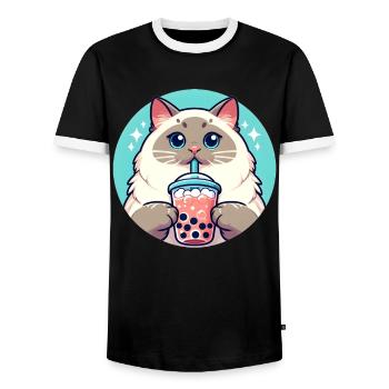 Siamesische Katze beim Bubble Tea - Männer Kontrast-T-Shirt - Schwarz/Weiß - Vorne - AI Model Female 172 light (172cm) & AI Model Male 178 light (178cm)