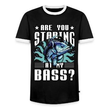 Regardez-vous ma basse ? - T-shirt contrasté Homme - noir/blanc - Devant - AI Model Female 172 light (172cm) & AI Model Male 178 light (178cm)