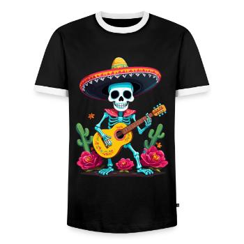Mexican Mariachi Skeleton Guitarist Fiesta - Men's Ringer Shirt - black/white - Front - AI Model Female 172 light (172cm) & AI Model Male 178 light (178cm)