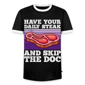 Fleisch Fan Have Your Daily Meat Skip Doc - Men's Ringer Shirt - black/white - Front - AI Model Female 172 light (172cm) & AI Model Male 178 light (178cm)