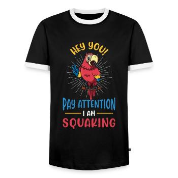 Macaw Bird Hey You Pay Attention I Am Bird Owner - Men's Ringer Shirt - black/white - Front - AI Model Female 172 light (172cm) & AI Model Male 178 light (178cm)