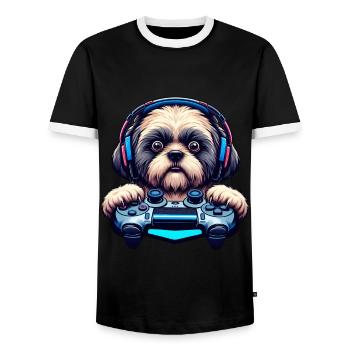 Nerds du jeu, amateurs de chiens Shih Tzu - T-shirt contrasté Homme - noir/blanc - Devant - AI Model Female 172 light (172cm) & AI Model Male 178 light (178cm)