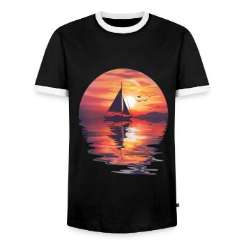 Sailboat at sunset by the sea - Men's Ringer Shirt - black/white - Front - AI Model Female 172 light (172cm) & AI Model Male 178 light (178cm)