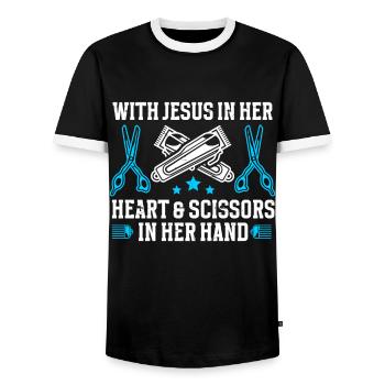 Coiffeuse - T-shirt contrasté Homme - noir/blanc - Devant - AI Model Female 172 light (172cm) & AI Model Male 178 light (178cm)
