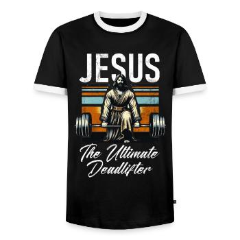 Jesus The Ultimate Deadlifter Christian Gym - Men's Ringer Shirt - black/white - Front - AI Model Female 172 light (172cm) & AI Model Male 178 light (178cm)
