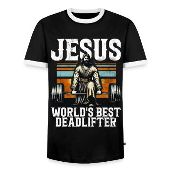 Jesus The Ultimate Deadlifter Christian Gym - Men's Ringer Shirt - black/white - Front - AI Model Female 172 light (172cm) & AI Model Male 178 light (178cm)