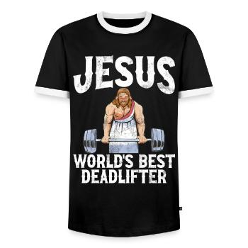 Jesus The Ultimate Deadlifter Christian Gym - Men's Ringer Shirt - black/white - Front - AI Model Female 172 light (172cm) & AI Model Male 178 light (178cm)