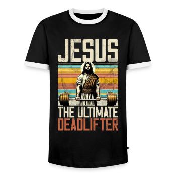 Jesus The Ultimate Deadlifter Christian Gym - Men's Ringer Shirt - black/white - Front - AI Model Female 172 light (172cm) & AI Model Male 178 light (178cm)