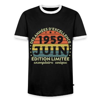 Fabriqué en Juin 1959 Anniversaire Millésime 1959 - T-shirt contrasté Homme - noir/blanc - Devant - AI Model Female 172 light (172cm) & AI Model Male 178 light (178cm)
