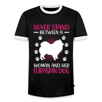 Woman and her Eurasier Eurasian Spitz - Men's Ringer Shirt - black/white - Front - AI Model Female 172 light (172cm) & AI Model Male 178 light (178cm)