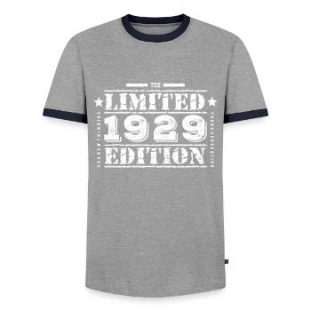 1929 Limited Edition Birthday - Men's Ringer Shirt - grey/navy  - Front - AI Model Female 172 light (172cm) & AI Model Male 178 light (178cm)