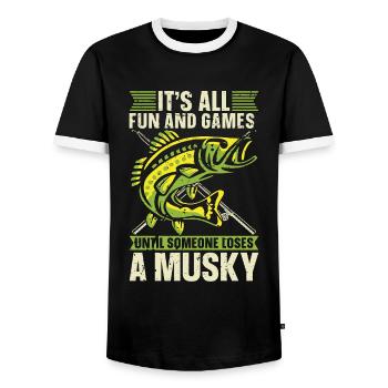 Musky Fishing It's All Fun And Games Fishing Rod - Men's Ringer Shirt - black/white - Front - AI Model Female 172 light (172cm) & AI Model Male 178 light (178cm)