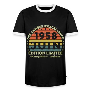 Anniversaire Millésime Fabriqué en Juin 1958 - T-shirt contrasté Homme - noir/blanc - Devant - AI Model Female 172 light (172cm) & AI Model Male 178 light (178cm)