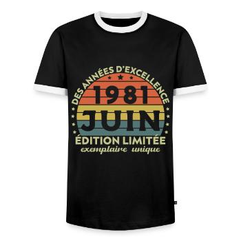 Anniversaire Millésime Fabriqué en Juin 1981 - T-shirt contrasté Homme - noir/blanc - Devant - AI Model Female 172 light (172cm) & AI Model Male 178 light (178cm)