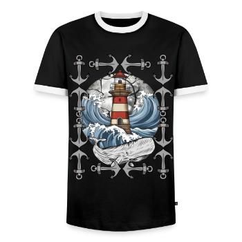 lighthouse, signal, maritime, whale, waves, sea, fish - Men's Ringer Shirt - black/white - Front - AI Model Female 172 light (172cm) & AI Model Male 178 light (178cm)
