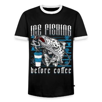 Ice Fishing Before Coffee Ice Fisher Coffee Lover - Men's Ringer Shirt - black/white - Front - AI Model Female 172 light (172cm) & AI Model Male 178 light (178cm)