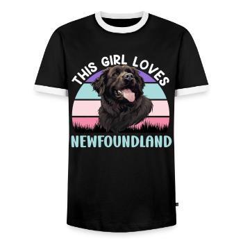 Newfie THIS WOMAN LOVES NEWFOUNDLAND OWNER - Men's Ringer Shirt - black/white - Front - AI Model Female 172 light (172cm) & AI Model Male 178 light (178cm)