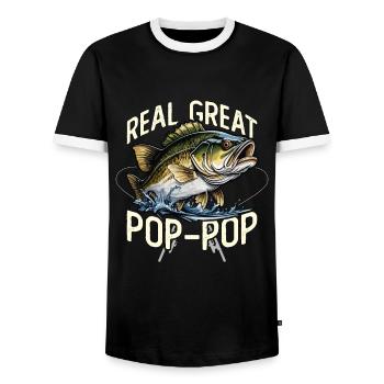 Bass Fishing Reel Great Pop - Pop Largemouth Bass - Men's Ringer Shirt - black/white - Front - AI Model Female 172 light (172cm) & AI Model Male 178 light (178cm)