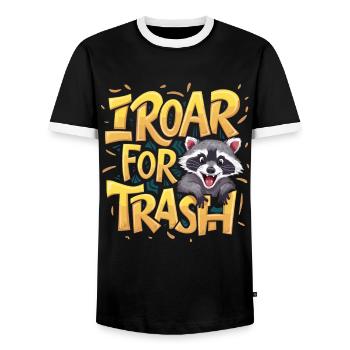 "I Roar for Trash" Cute Raccoon T-Shirt - Men's Ringer Shirt - black/white - Front - AI Model Female 172 light (172cm) & AI Model Male 178 light (178cm)