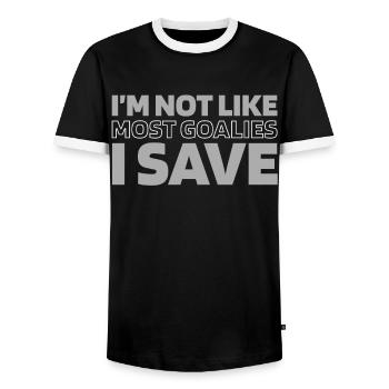 Eishockey Torwart Handschuhsparender Puck - Männer Kontrast-T-Shirt - Schwarz/Weiß - Vorne - AI Model Female 172 light (172cm) & AI Model Male 178 light (178cm)