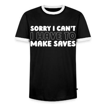 Ice Hockey Goalkeeper Sorry I Cant I Have Hockey - Men's Ringer Shirt - black/white - Front - AI Model Female 172 light (172cm) & AI Model Male 178 light (178cm)
