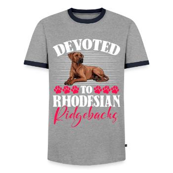 Ridgebacks DEVOTED TO RHODESIAN RIDGEBACKS - Männer Kontrast-T-Shirt - Grau/Navy  - Vorne - AI Model Female 172 light (172cm) & AI Model Male 178 light (178cm)