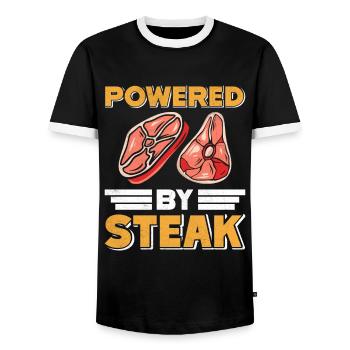 MEAT LOVER POWERED BY STEAK Funny - Men's Ringer Shirt - black/white - Front - AI Model Female 172 light (172cm) & AI Model Male 178 light (178cm)