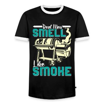 Meat Lover REAL MEN SMELL LIKE SMOKE Funny - Men's Ringer Shirt - black/white - Front - AI Model Female 172 light (172cm) & AI Model Male 178 light (178cm)