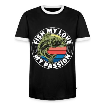 Walleye Fishing Fish My Love My Passion Fisherman - Men's Ringer Shirt - black/white - Front - AI Model Female 172 light (172cm) & AI Model Male 178 light (178cm)