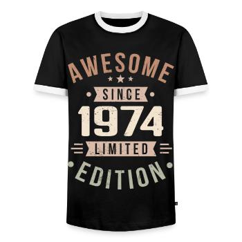 Original 1974 Vintage Vintage Birthday 1974 - Men's Ringer Shirt - black/white - Front - AI Model Female 172 light (172cm) & AI Model Male 178 light (178cm)