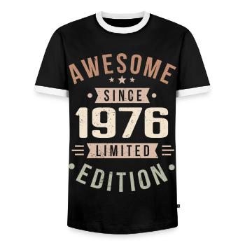 Original 1976 Vintage Vintage Birthday 1976 - Men's Ringer Shirt - black/white - Front - AI Model Female 172 light (172cm) & AI Model Male 178 light (178cm)