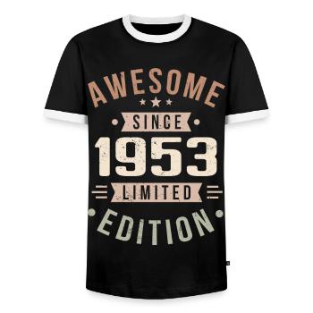Original 1953 Vintage Vintage Birthday 1953 - Men's Ringer Shirt - black/white - Front - AI Model Female 172 light (172cm) & AI Model Male 178 light (178cm)
